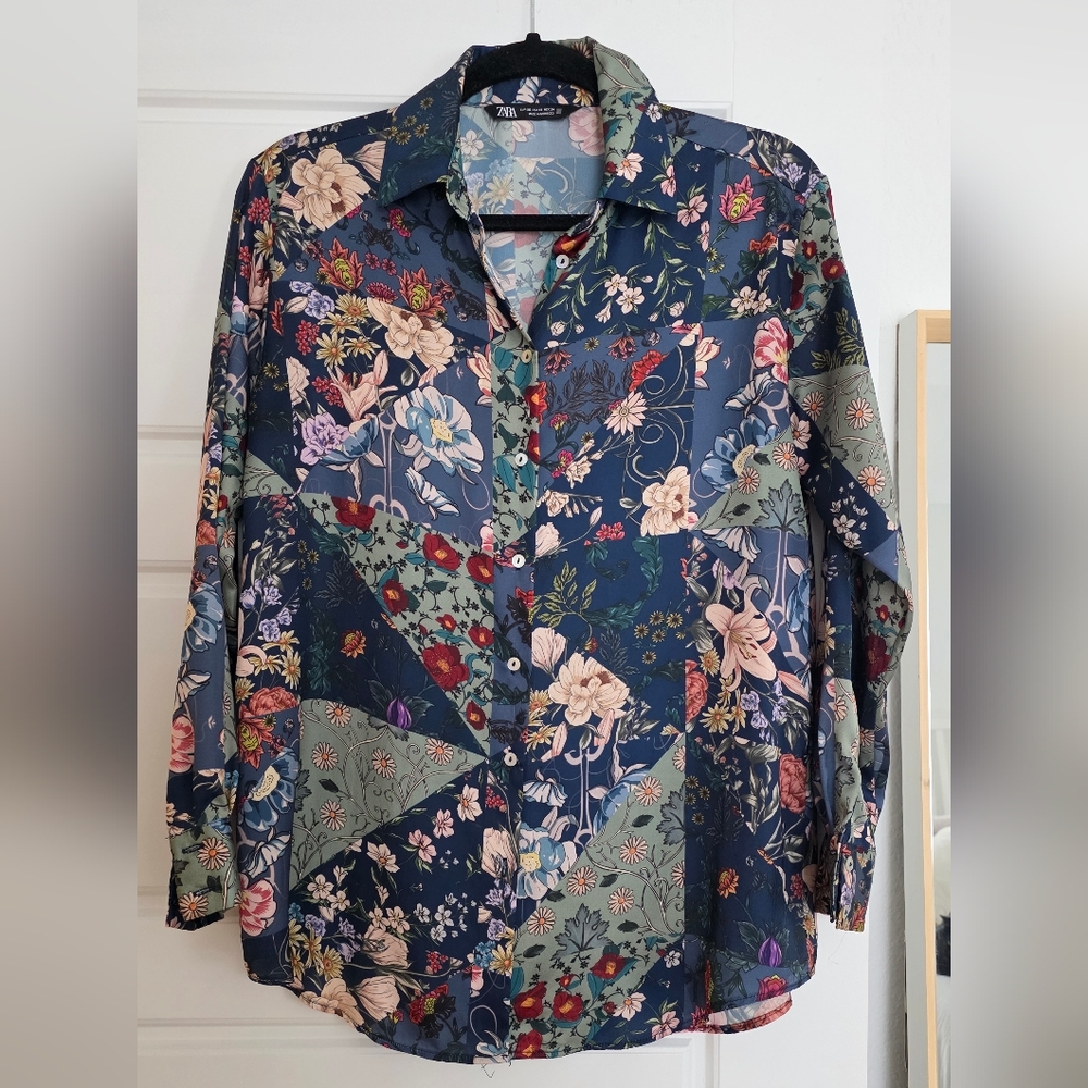 Zara satin multicolor floral patchwork button-up shirt
